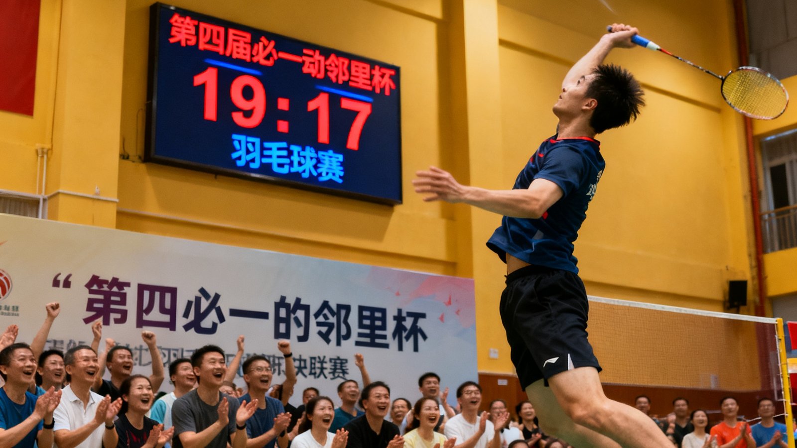 第四届必一运动邻里杯羽毛球联赛决赛现场，一名选手高高跃起完成一记精彩的扣杀，场边观众爆发出热烈的欢呼声，记分牌显示比分为19:17
