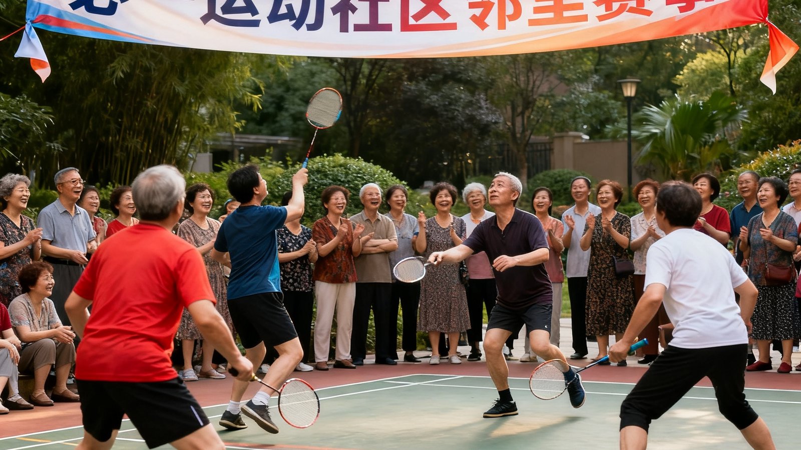 社区运动场上正在进行一场热闹的邻里羽毛球友谊赛，四名居民选手在球场上挥拍拼搏，场边围满了加油助威的邻里观众，悬挂着必一运动社区邻里赛事的横幅，气氛热烈欢快