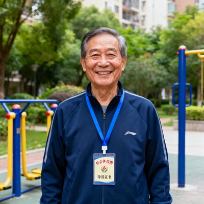 一位年约五十岁的资深社会体育指导员刘教练，身穿深蓝色运动服，胸前挂着社会体育指导员证书，面带和蔼微笑站在社区健身器材旁，身后是绿意盎然的社区公园